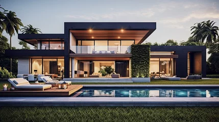 Fotobehang modern luxury illuminated mansion with a pool © Claudia Nass