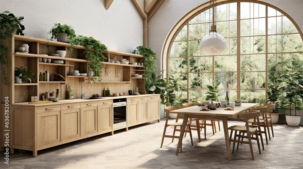 Poster a dining room with a large window and a wooden table. generative ai