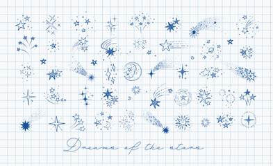 Collection of doodle star clasters and constellations on lined paper background. Vector sketch illustration.