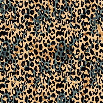 Leopard skin and blue spots combination in black and brown. Vector textured pattern. Can be used for fashion graphics such as T-shirt placement print, backgrounds, banners, cards and decoration