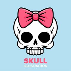 Chibi Illustration: Cute Big-Eyed Girl Skull in Pink Bow Cartoon – Ideal for Poster, Card, Print, Decoration
