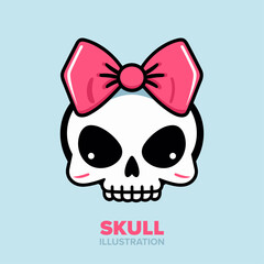 Adorable Cartoon Illustration: Kawaii Big-Eyed Girl Skull featuring Pink Bow – Ideal for Poster, Card, Print, Decoration