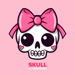 Cute Big-Eyed Girl Skull with a Pink Bow Cartoon: Captivating Kawaii-Styled Art for Poster, Print, Card, Decoration