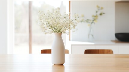  a white vase filled with white flowers on top of a wooden table.  generative ai