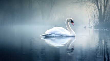  a swan is swimming in the water on a foggy day.  generative ai