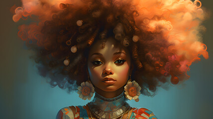 "Capture the essence of cultural diversity and empowered identity with this vibrant portrait of an Afro girl. The artwork celebrates the beauty of natural hair and the richness of African heritage, sh