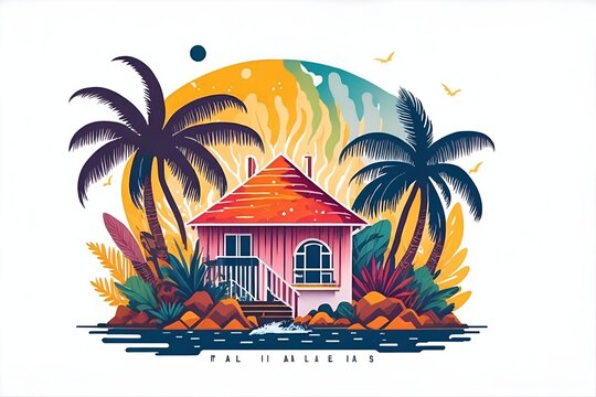 Small Bungalow On The Pacific Island. AI Generated Illustration