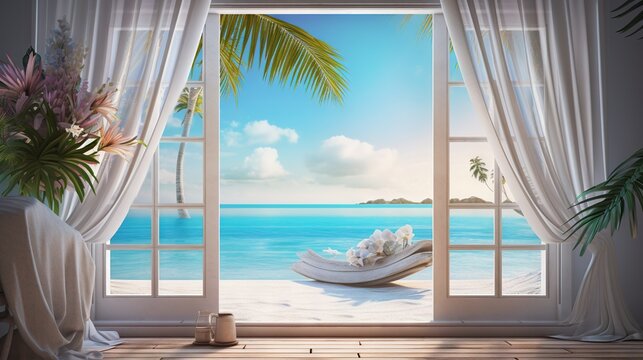  a window with a view of the ocean and a hammock.  generative ai