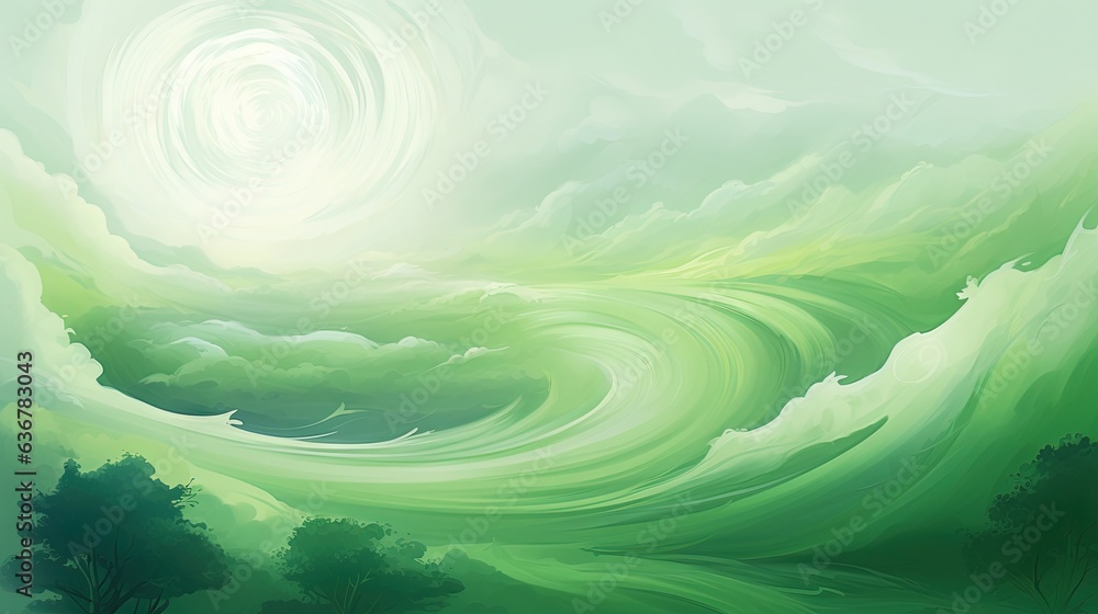 Poster a painting of a green wave with trees in the background. generative ai