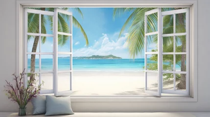 Foto op Plexiglas  a window with a view of a beach and palm trees.  generative ai © Anna