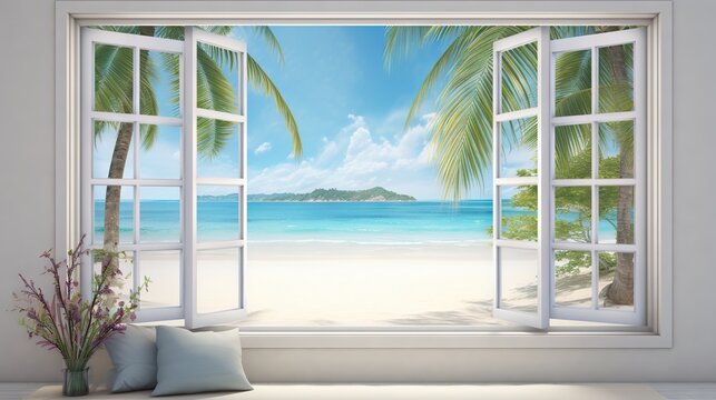 Fototapeta  a window with a view of a beach and palm trees.  generative ai
