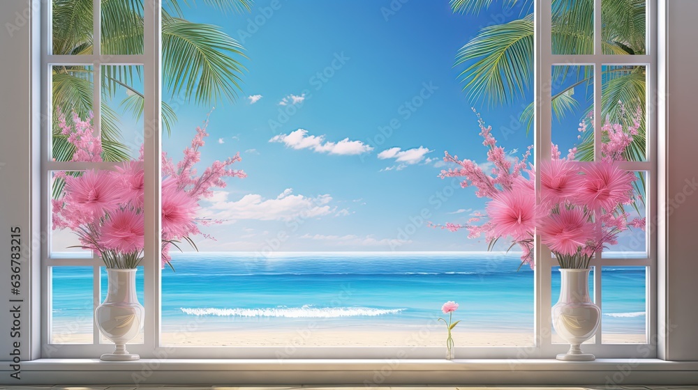 Aufkleber a window with a view of a beach and palm trees. generative ai