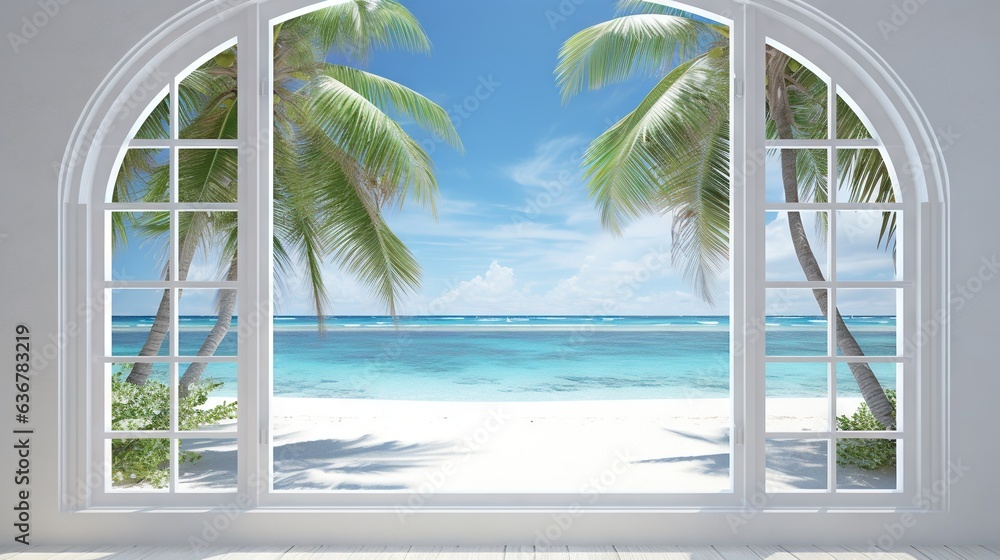Poster an open window with a view of a beach and palm trees. generative ai
