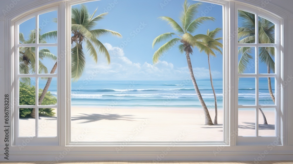 Wall mural  a window with a view of a beach and palm trees.  generative ai