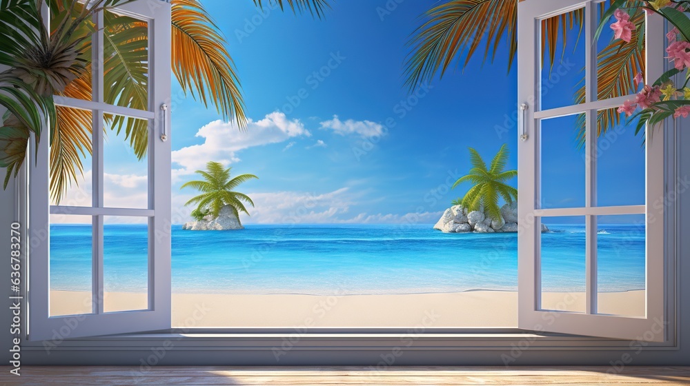 Aufkleber an open window with a view of a beach and palm trees. generative ai