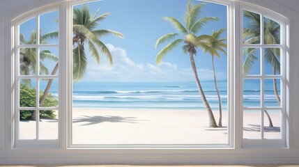  a window with a view of a beach and palm trees.  generative ai