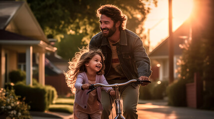 A father teaches his daughter the basics of riding a bike.