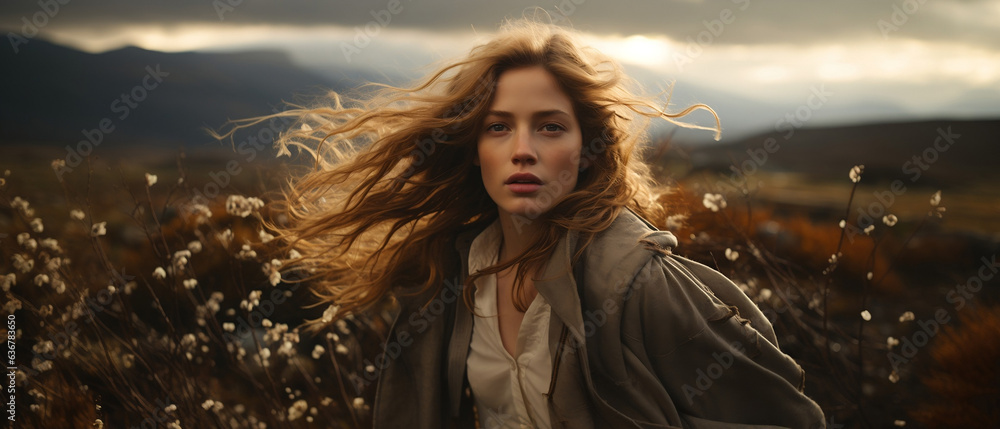 Poster portrait of a ginger white woman with wavy hair posing in a field in autumn / fall