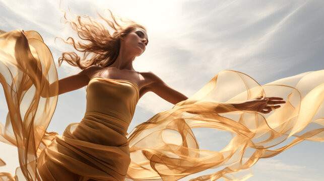 A dancer gracefully moves through the air, golden ribbons swirling around their body.