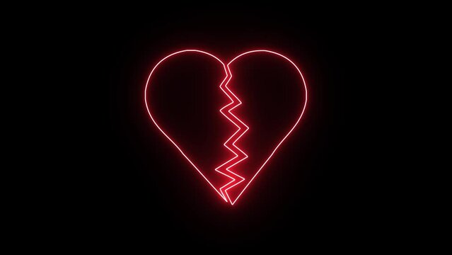 Neon Broken Heart Symbol Icon Flickering Effect on Black Background