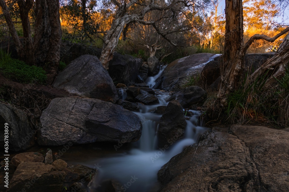 Poster long exposure shot of a tranquil waterfall cascading down the rocks in a lush forest of trees