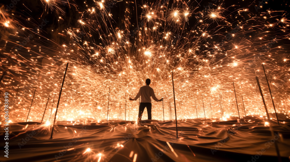 Aufkleber he weaves a brilliant, golden display with a sparkler, creating a beautiful pattern.