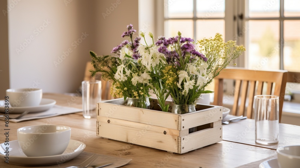 Poster a wooden crate with flowers in it on a table with plates and cups. generative ai