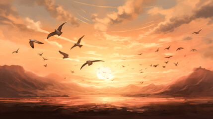Obraz premium Birds soar through the air on a sunny day, creating a beautiful, peaceful scene.