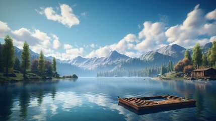 Obraz premium a painting of a lake with a boat in the water. generative ai