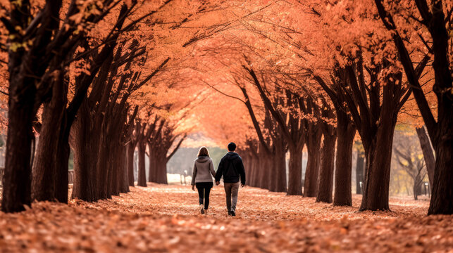 A couple enjoys a peaceful stroll down a tree-lined path.