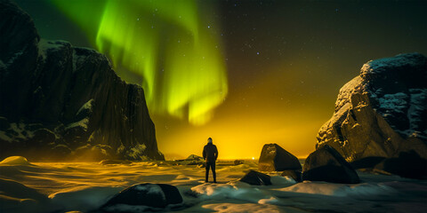 Unique art style depicting a man with a yellow lamp Breathtaking scene of a man standing by a rock under the beautiful northern lights The work creates a sense of wonder and tranquility