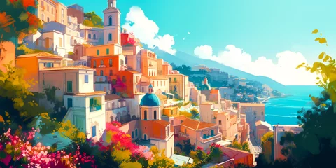 Foto auf Acrylglas Strand von Positano, Amalfiküste, Italien Digital illustration of a sunny landscape in Amalfi with floral elements. Flat design style for a modern and trendy look. Ideal for prints, wallpapers or digital backgrounds.
