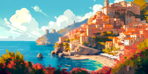 Digital illustration of a sunny landscape in Amalfi with floral elements. Flat design style for a modern and trendy look. Ideal for prints, wallpapers or digital backgrounds. - obrazy, fototapety, plakaty