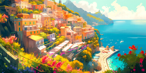 Beautiful digital illustration of the Amalfi landscape. Floral elements add a touch of elegance and beauty. Ideal for use in digital design.