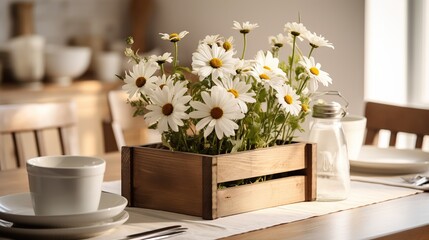  a wooden box filled with white flowers on top of a table.  generative ai