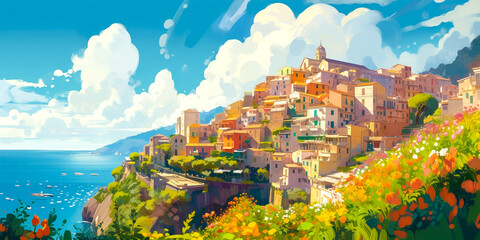 Beautifully illustrated sunny landscape with Amalfi flowers Perfect for digital art or print Perfect for creating fun and vibrant designs