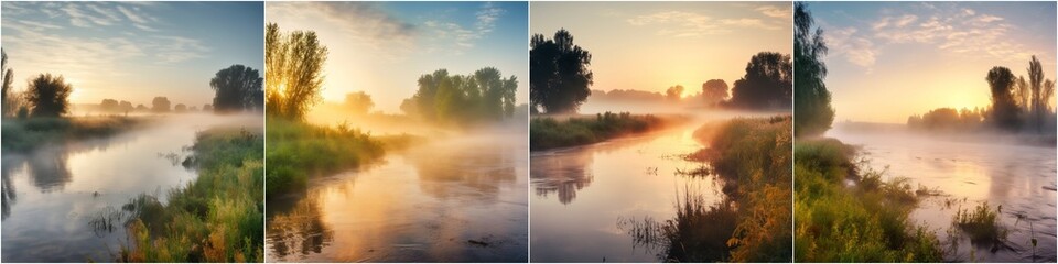 Capture the serene beauty of a foggy summer morning on the river Nature as a backdrop for relaxation and tranquility Feel the serenity of the sunrise over the water