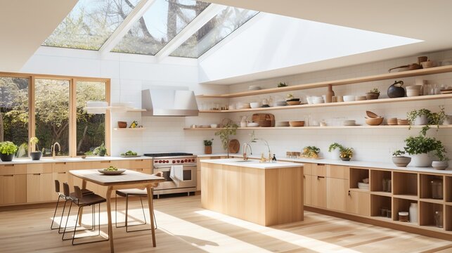 a kitchen filled with lots of wooden furniture and a skylight.  generative ai