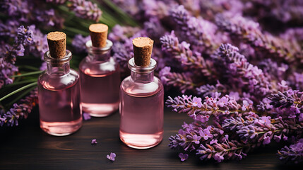 Generative AI, bottle with serum for facial skin among purple flowers of lilac and lavender, perfume, eau de toilette, cosmetics, beauty salon, glass jar, anti-aging, moisturizing, fragrance