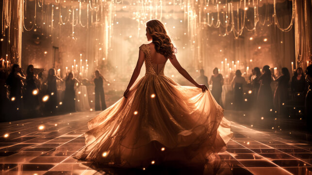 A woman dances gracefully in a glittering golden ballgown beneath the stars.