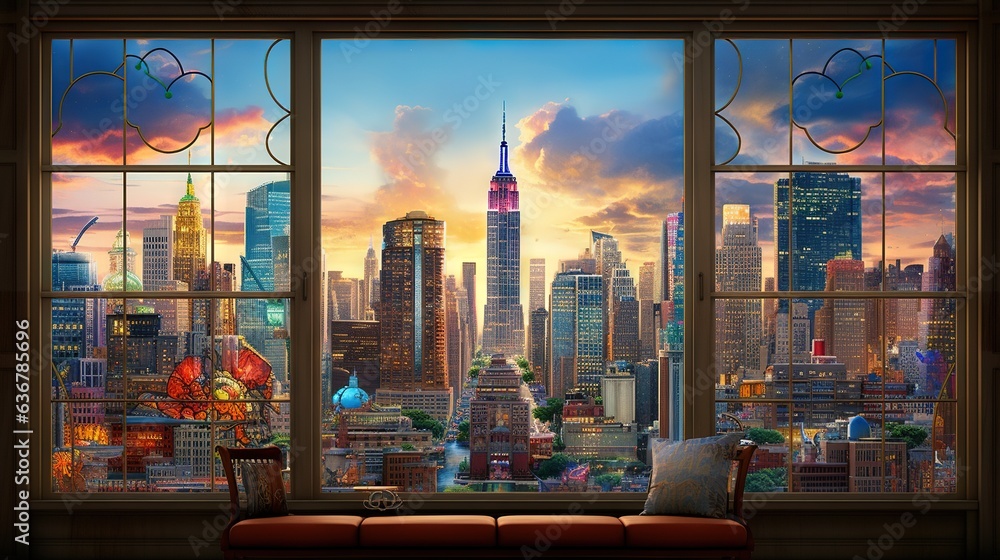 Poster a window with a view of a city at sunset or dawn. generative ai