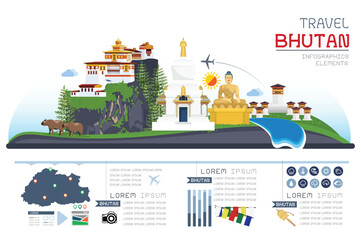 Info graphics travel and landmark bhutan template design. Concept Vector Illustration. - obrazy, fototapety, plakaty
