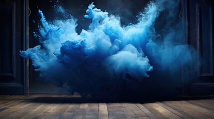  a blue cloud of smoke is in the air on a wooden floor.  generative ai