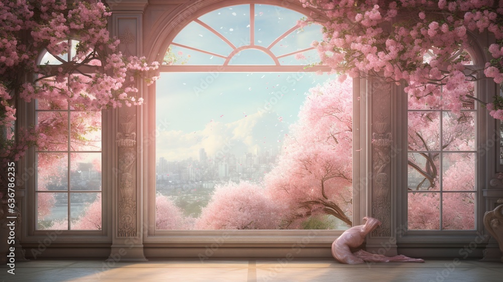 Aufkleber a window with a view of a pink tree outside of it. generative ai