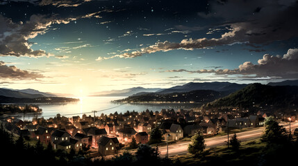 Fototapeta premium He gazed upon the starry night sky, looking down on the peaceful town below.