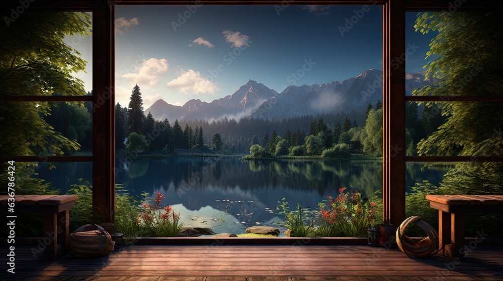 Poster a window view of a mountain lake and forest with a bench. generative ai