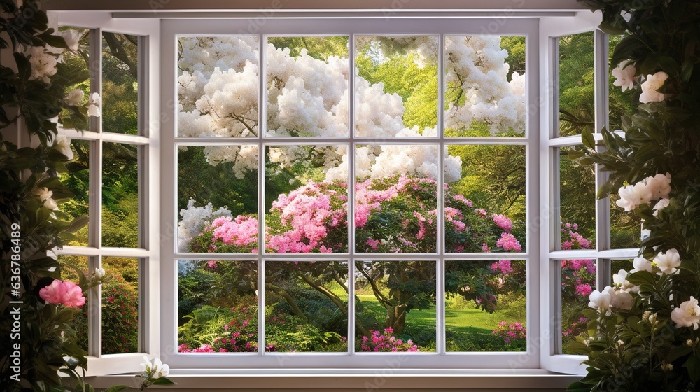 Poster a window with a view of a garden outside of it. generative ai