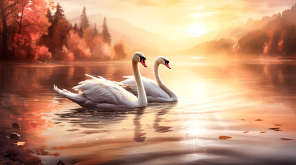 Swans drift gracefully on a tranquil lake, a serene reminder of days gone by.