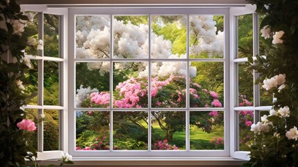  a window with a view of a garden outside of it.  generative ai