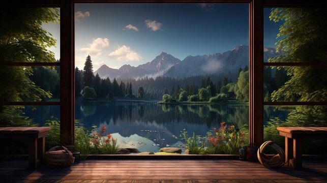 Fototapeta  a window view of a mountain lake and forest with a bench.  generative ai